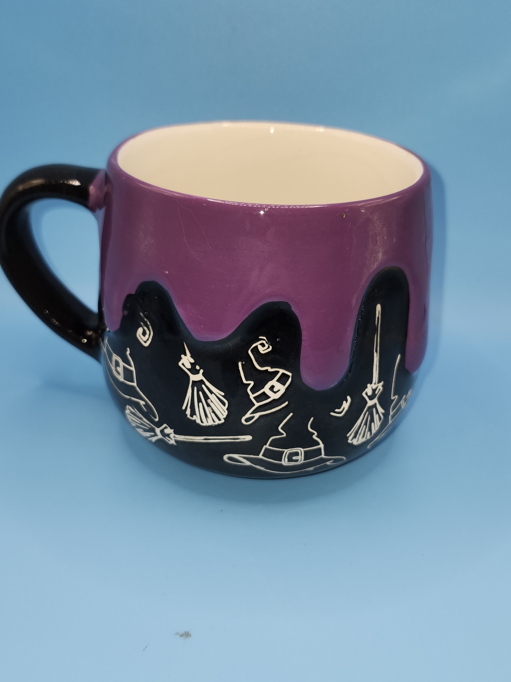 Halloween Black Purple Drip Slime Witch Hat Brooms Ceramic Coffee Mug Cup 16oz.